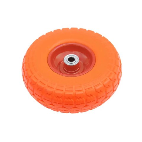 PU 1802-20 - Колесо для тачки / тележки полиуретановое бескамерное 4.10/3.50-4, сварной диск, диаметр 260 мм, ось 20 мм, металлический обод, симметричная ступица, шариковый подшипник